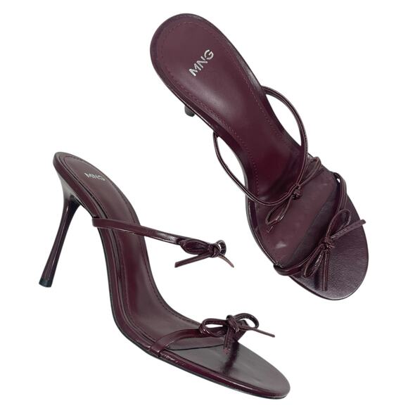 Mango MNG Morla Double Bow Strap Heeled Sandal Burgundy Size 37/ 6.5 - Picture 3 of 13